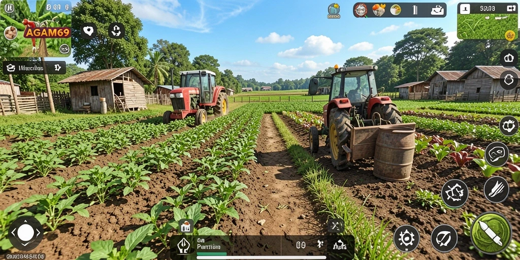 Tampilan gameplay AGAM69 dengan kebun hijau yang subur dan hewan ternak.