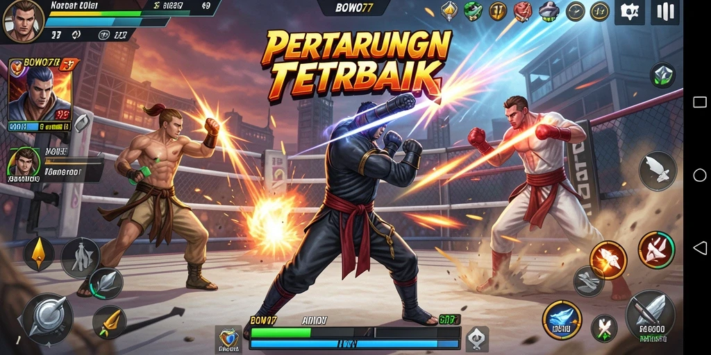 Screenshot utama BOWO77 menampilkan aksi pertarungan yang intens.