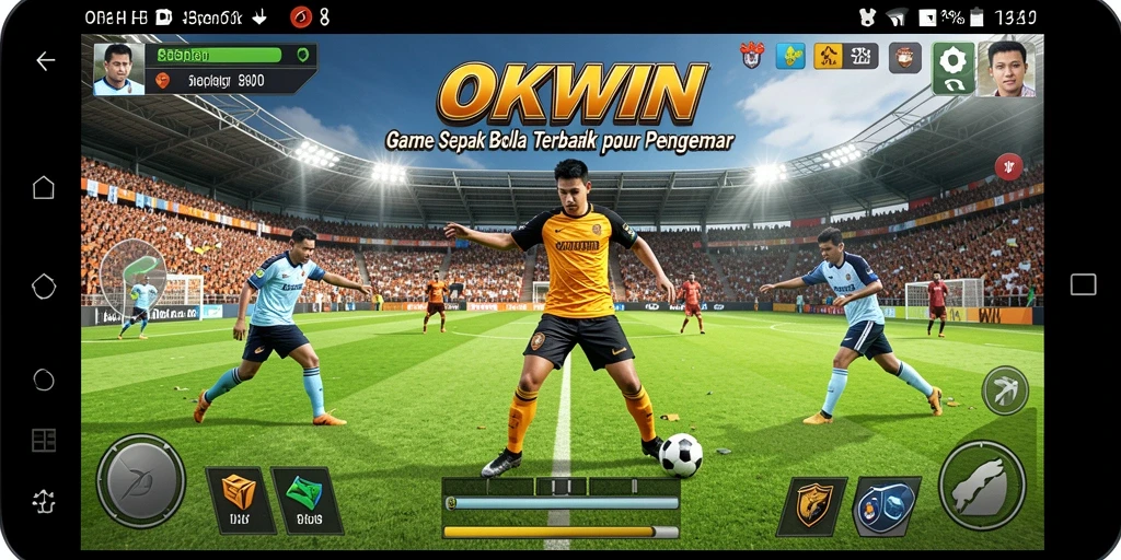 Tampilan gameplay OKWIN yang seru dan mendebarkan di lapangan sepak bola.