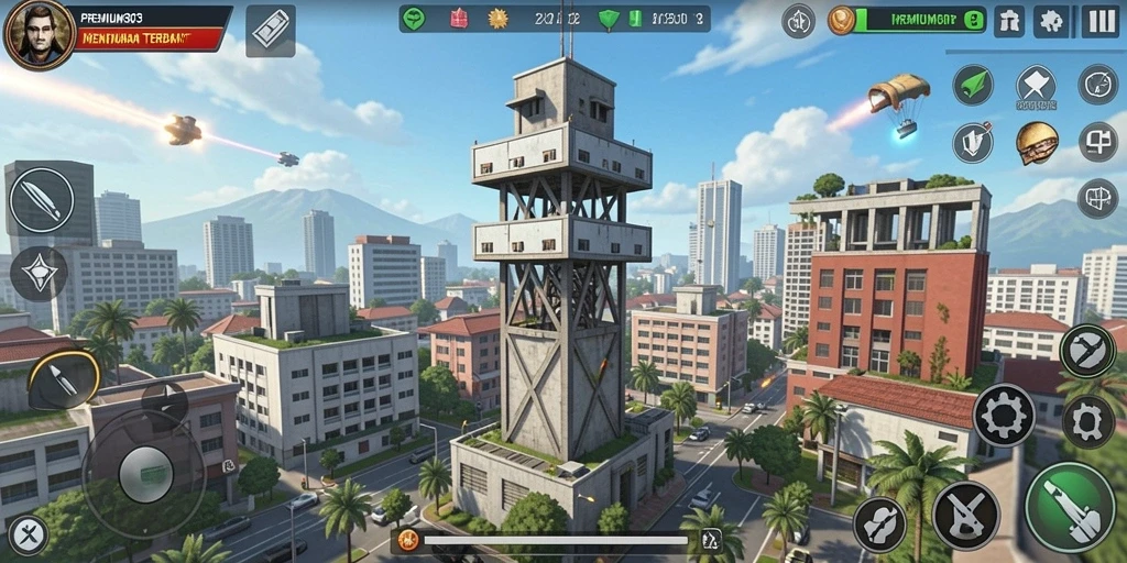 Screenshot dari gameplay menegangkan di PREMIUM303 dengan berbagai menara.
