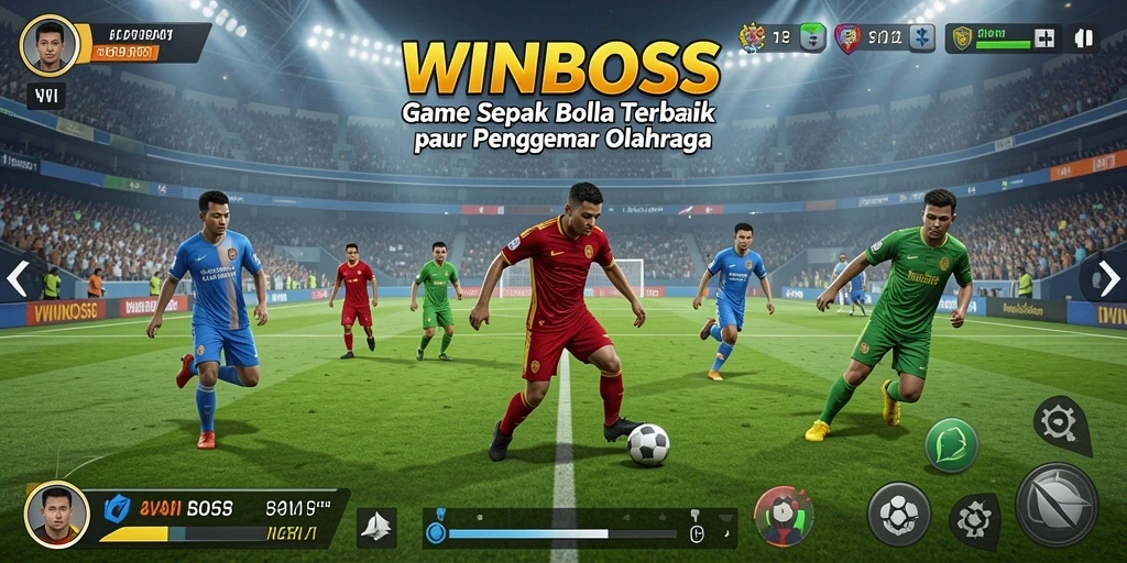 Screenshot gameplay <strong>WINBOSS</strong> menampilkan aksi seru di lapangan sepak bola.